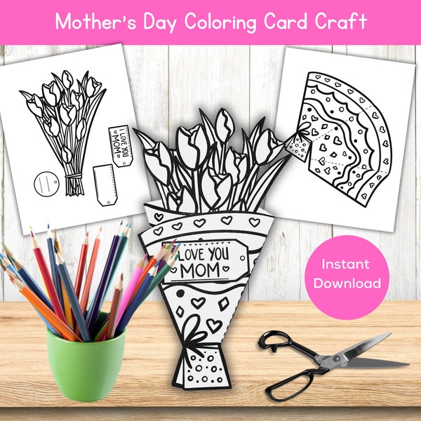 Printable Mother's Day Coloring Card, Homemade Bouquet Card For Mom Grandma, Kids Home Classroom Activity, Flowers Card Mother's Day Craft