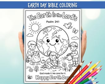 Earth Day Bible Coloring Page, Psalm 24:1 Earth Day Activity Printable, Kids Toddlers Daycare Preschool Kindergarten Earth Day Activity