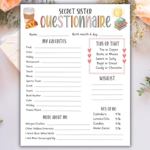 Secret Sister Questionnaire Printable, All About Me Survey, Church Gift ...
