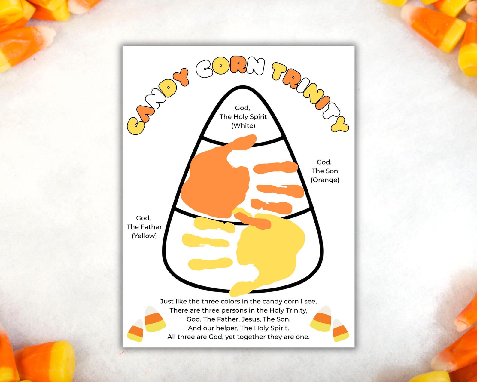 Candy Corn Trinity Handprint Art Printable, Candy Corn Trinity Poem ...
