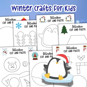 Può includere: Una raccolta di fogli di lavoro stampabili a tema invernale per bambini. I fogli presentano contorni di un pinguino, un orso polare, decorazioni natalizie, fiocchi di neve e alberi, con la scritta "Winter Cut and Paste". Il titolo "Winter crafts For Kids" è in alto.
