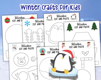 May include: A collection of printable winter-themed craft sheets for kids. The sheets feature outlines of a penguin, polar bear, Christmas ornaments, snowflakes, and trees, with the text "Winter Cut and Paste". The title "Winter crafts For Kids" is at the top.