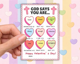 Bible Verse Valentine Cards, Printable God Says You Are Scripture Valentine's Day Card, Bible Valentines, Christian Valentines For Kids