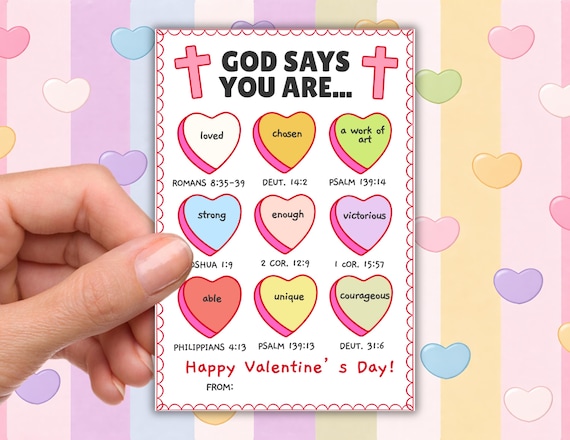 Bible Verse Valentine Cards, Printable God Says You Are Scripture Valentine's Day Card, Bible Valentines, Christian Valentines For Kids