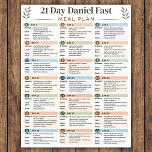 Può includere: Un piano alimentare 21 Day Daniel Fast stampato su un foglio rettangolare bianco. Il documento presenta una disposizione a griglia con giorni numerati da 1 a 21, elencando colazione, pranzo, cena e spuntini in un carattere chiaro e leggibile.