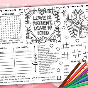1 Cor 13 4-8 Liebe ist Aktivität Tischset, Malseite Kinder, druckbare christliche Valentinstag Bibel Handwerk Spiele, Sonntagsschulunterricht Aktivität