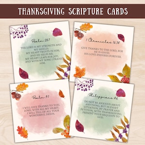 May include: Four square Thanksgiving Scripture Cards with watercolor backgrounds and fall foliage. Each card features a Bible verse from Psalms, Chronicles, and Philippians. The cards have a rustic, autumnal theme.