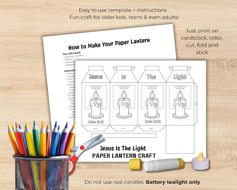 May include: A paper lantern craft kit with instructions. The design features a candle graphic and the text "Jesus Is The Light." Includes a pencil holder with colored pencils, scissors, and a battery-operated tealight.
