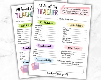 Teacher Favorite Things Printable, Teacher Questionnaire Survey, Teacher Appreciation, Get To Know The Teacher, All About My Teacher