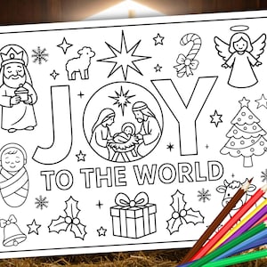 May include: Black and white Christmas coloring page with the words "JOY TO THE WORLD" and illustrations of the nativity scene, an angel, a Christmas tree, and other holiday symbols. Colored pencils are in the bottom right corner.