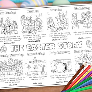 May include: A black and white illustrated Easter Story, featuring scenes from the Bible with accompanying text. Includes a set of coloured pencils. Ideal for colouring and educational purposes.