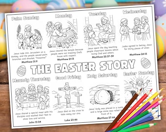 Può includere: Disegno a tratto in bianco e nero de "La Storia della Pasqua" con illustrazioni raffiguranti scene della Bibbia. Include testo dai Vangeli e un set di matite colorate. Perfetto per colorare.