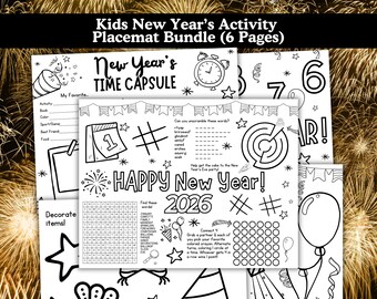 Paquete de manteles individuales con actividades de Año Nuevo, Manualidad de Nochevieja, Juego para la fiesta de Nochevieja al mediodía, Actividad de Nochevieja para niños, Cápsula del tiempo imprimible