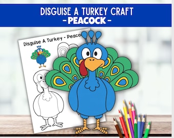 Disguise a Turkey Peacock Craft, Thanksgiving Printable Activity, Turkey Day Cut & Paste Craft, Peacock Coloring Page for Kids