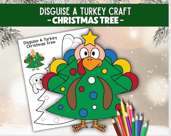 Disguise a Turkey Christmas Tree Craft, Thanksgiving Printable Activity, Turkey Day Cut & Paste Craft, Coloring Page for Kids