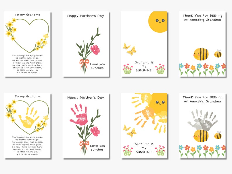 May include: Six printable cards with hand-drawn illustrations and text. The cards feature a heart, flowers, a sun, bees, and handprints. The text on the cards says "To my Grandma", "Happy Mother's Day", and "Thank You For BEE-ing An Amazing Grandma".