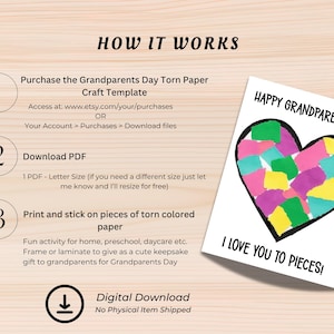 May include: A white card with a black border features a heart-shaped design filled with colorful torn paper pieces. The text "HAPPY GRANDPARENTS DAY" and "I LOVE YOU TO PIECES!" are printed on the card. Instructions for a digital download are also included.