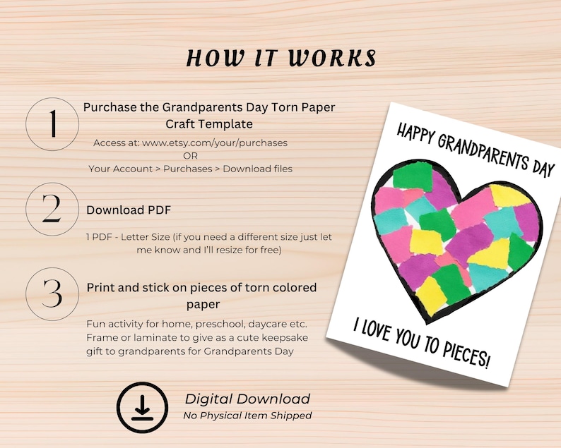 May include: A white card with a black border features a heart-shaped design filled with colorful torn paper pieces. The text "HAPPY GRANDPARENTS DAY" and "I LOVE YOU TO PIECES!" are printed on the card. Instructions for a digital download are also included.