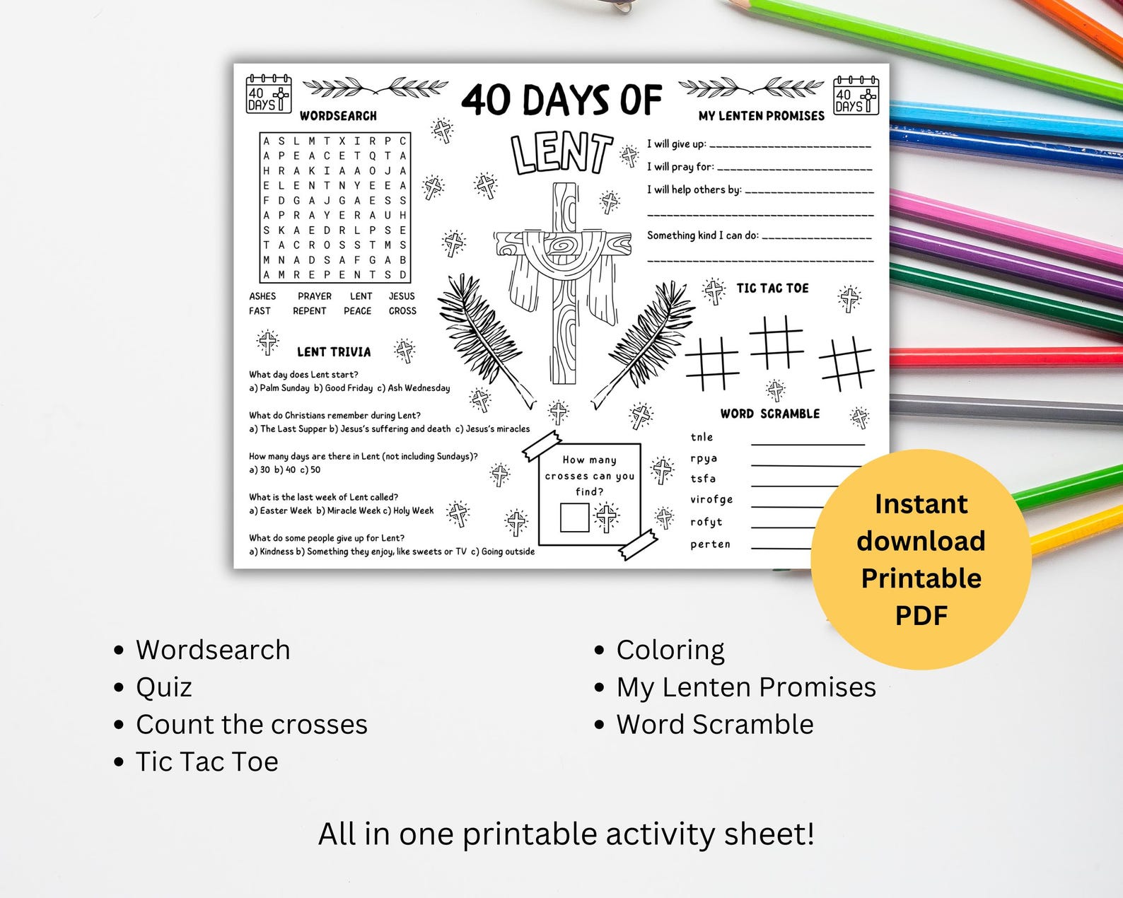 Lent Activity Placemat, 40 Days of Lent Coloring Page for Kids, Lent ...