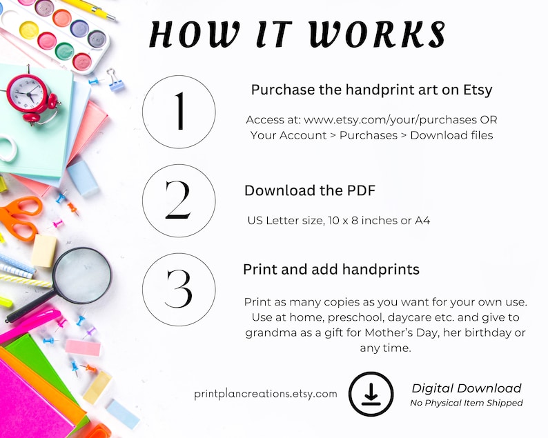 May include: A white background with colourful school supplies, including a magnifying glass, scissors, pencils, and crayons. The image shows a three-step guide on how to use a handprint art printable. The steps are numbered 1, 2, and 3. Step 1 is to purchase the handprint art on Etsy. Step 2 is to download the PDF. Step 3 is to print and add handprints. The text "Digital Download No Physical Item Shipped" is also included in the image.