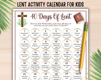 May include: A printable Lent activity calendar for kids with 40 days of activities to do. The calendar is decorated with a cross, a bible, and palm leaves. The activities include playing games, helping others, praying, and reading the Bible.