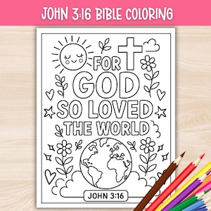 John 3:16 Coloring Page Printable, For God So Loved The World, Bible Coloring Sheet, Sunday School Activity, God's Love Kids Bible Lesson