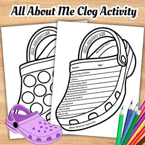 Può includere: Due fogli stampabili in bianco e nero "All About Me Clog Activity" con un zoccolo viola e matite colorate. I fogli presentano un contorno di zoccolo con richieste da compilare come "Il mio giocattolo preferito è" e "Mi piace mangiare."