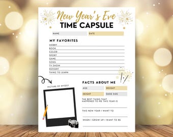Cápsula del tiempo imprimible para Nochevieja, Juego infantil de Año Nuevo, Juego para la fiesta de Nochevieja al mediodía, Actividad de mesa para niños en Nochevieja, Cuestionario de favoritos