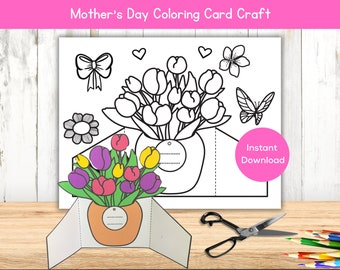 Printable Mother's Day Coloring Card, Homemade Card For Mom Grandma, Kids Home Classroom Activity, Flowers Card Mother's Day Craft