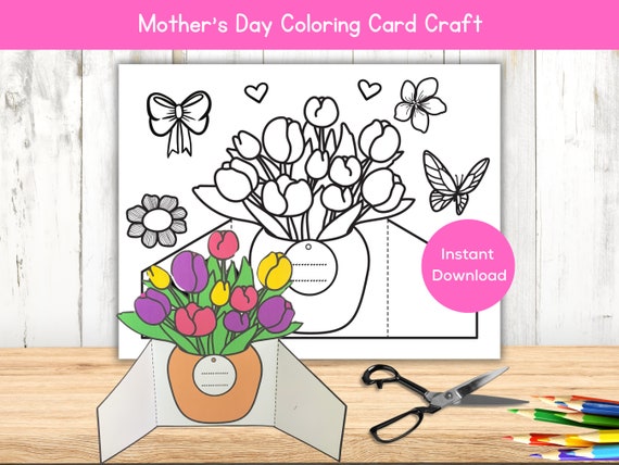 Printable Mother's Day Coloring Card, Homemade Card For Mom Grandma, Kids Home Classroom Activity, Flowers Card Mother's Day Craft