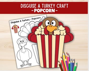Disguise a Turkey Popcorn Craft, Thanksgiving Printable Activity, Turkey Day & Paste Craft, Popcorn Coloring Page for Kids