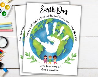 Arte con huellas de manos para el Día de la Tierra, imprimible del Día de la Tierra, manualidad con huellas de manos, actividad para la escuela dominical, lección bíblica para niños, la creación de Dios