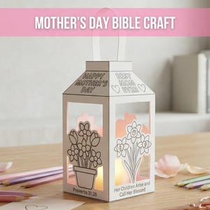 May include: A white paper lantern with a handle, featuring floral designs and the text "HAPPY MOTHER'S DAY" and "BEST MOM EVER." The lantern includes the Bible verse Proverbs 31:28 and the phrase "Her Children Arise and Call Her Blessed."