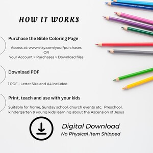 Puede incluir: Imagen que muestra los pasos para descargar una p&aacute;gina para colorear de la Biblia. Los pasos son: comprar, descargar PDF e imprimir. L&aacute;pices de colores de varios colores est&aacute;n dispersos en el lado derecho de la imagen. El texto dice "Descarga digital, no se env&iacute;a ning&uacute;n art&iacute;culo f&iacute;sico."