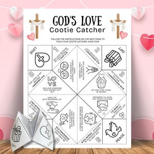 May include: A white paper "God's Love Cootie Catcher" with instructions and illustrations. The design includes a cross, hearts, and Bible verses. A folded paper fortune teller is in the foreground. Decorative hearts are in the background.