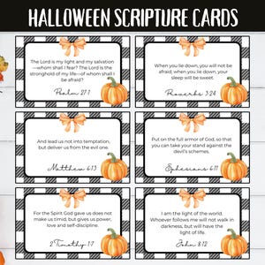 Tarjetas con versículos bíblicos cristianos de Halloween, tarjetas imprimibles con versículos religiosos de Halloween para niños, etiquetas para bolsas de dulces, folletos, notas para loncheras