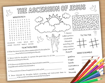 Tovaglietta per attività dell'Ascensione di Gesù, Pagina da colorare per il giorno dell'Ascensione per bambini, Artigianato dell'Ascensione, Foglio per tappetino per attività della scuola domenicale