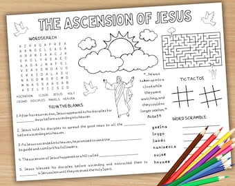 Napperon d'activité L'Ascension de Jésus, Coloriage de l'Ascension pour les enfants, Travaux manuels de l'ascension, Feuille de tapis d'activité pour l'école du dimanche