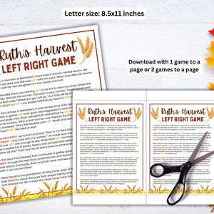 May include: A printable game sheet titled "Ruth's Harvest Left Right Game" with text and wheat illustrations, designed for A4 paper size. The sheet includes instructions and a download option for one or two games per page. The text is in English.