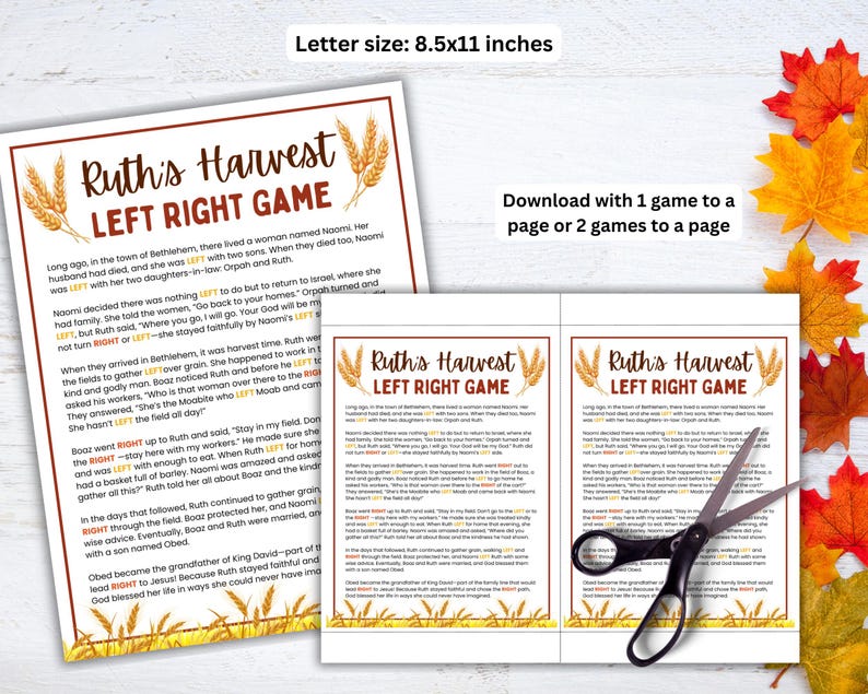 May include: A printable game sheet titled "Ruth's Harvest Left Right Game" with text and wheat illustrations, designed for A4 paper size. The sheet includes instructions and a download option for one or two games per page. The text is in English.