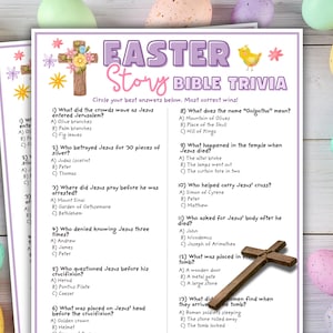 以下が含まれることがあります： 紫色の縁取りのあるイースターをテーマにした聖書トリビアゲーム。このゲームは、イースターの物語に関する質問を特徴とし、背景には木の十字架とカラフルなイースターエッグがあります。テキストは「Easter Story Bible Trivia」と書かれています。