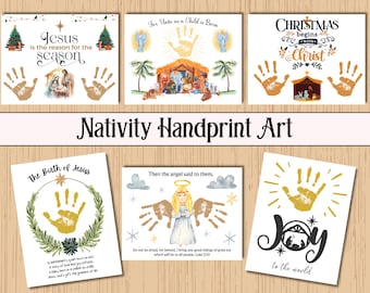 May include: A set of six printable Christmas cards featuring handprint art with a nativity theme. The cards include images of the nativity scene, angels, stars, and the text "Jesus is the reason for the season", "For unto us a child is born", "Christmas begins with Christ", "The birth of Jesus", "Then the angel said to them, Do not be afraid, for behold, I bring you good tidings of great joy which will be to all people. Luke 2:10", and "Joy to the world".