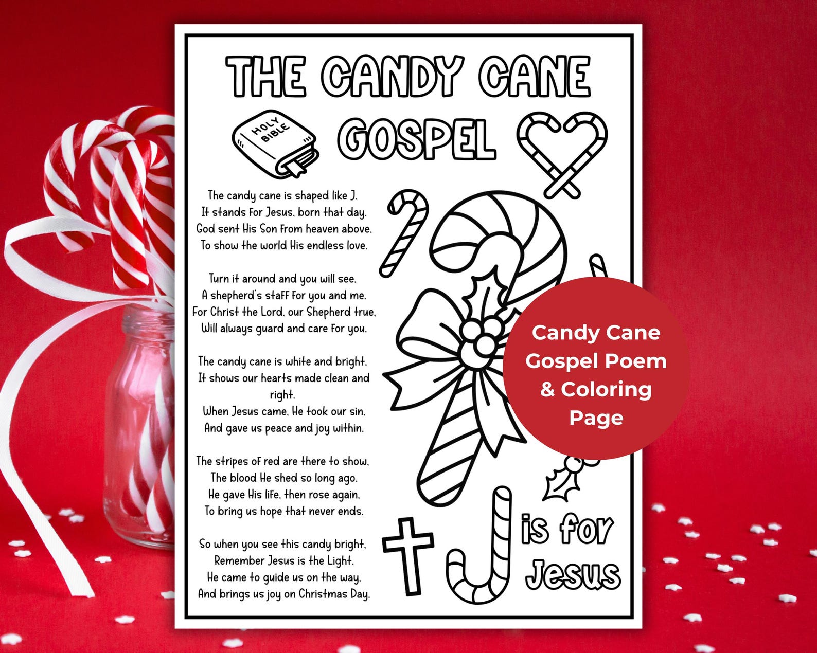 Candy Cane Bible Lesson Coloring Page, Candy Cane Poem Craft, Christmas ...