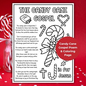 May include: A Christmas-themed image featuring a colouring page titled "The Candy Cane Gospel" with a poem and illustrations of candy canes, a cross, and a heart. A jar of candy canes with red and white stripes is on the left.