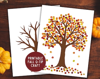May include: Two white sheets of paper featuring a tree illustration. One sheet shows a bare brown tree, while the other displays a tree with colorful red, orange, and yellow dot leaves. A maroon circle contains the text PRINTABLE FALL Q-TIP CRAFT.
