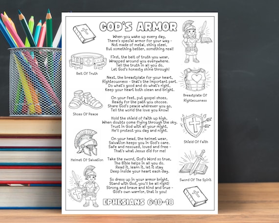 Armor Of God Coloring Page Printable, Ephesians 6 10-18 Bible Activity Poem Craft, Sunday School Activity, Kids Bible Lesson, VBS Activity