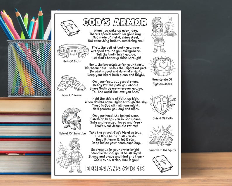 May include: Black and white illustrated print titled "God's Armor" with accompanying text from Ephesians 6:10-18. The image features illustrations of a belt, shoes, helmet, shield, sword, and breastplate, with related verses.
