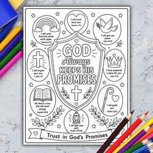 May include: A black and white coloring page featuring a central shield with the text GOD Always KEEPS HIS PROMISES and a cross. Surrounding icons include a rainbow, dove, crown, open book, shepherd's crook, and lantern with Bible verses.