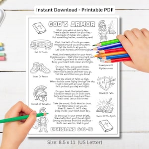 May include: A black and white printable PDF with the text "COD'S ARMOR" and illustrations of armor pieces. The page includes a poem from Ephesians 6:10-18, with the size listed as 8.5 x 11 inches.