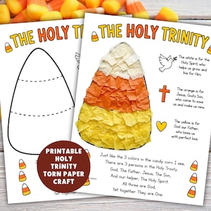 Puede incluir: Una hoja de manualidades imprimible titulada THE HOLY TRINITY que presenta un contorno de caramelo de maíz relleno con trozos de papel rasgado blanco, naranja y amarillo. La página incluye texto que explica el simbolismo religioso de los colores, una paloma, una cruz y un icono de corazón.